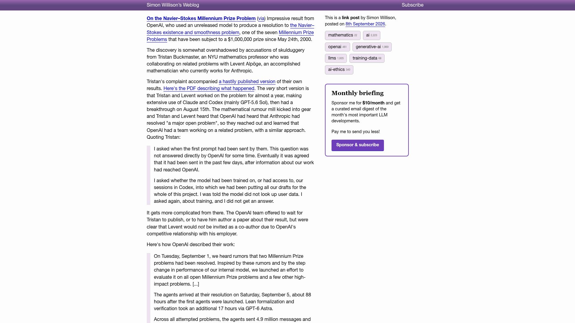 Screenshot of simonwillison.net: The Navier–Stokes Millennium Prize Problem