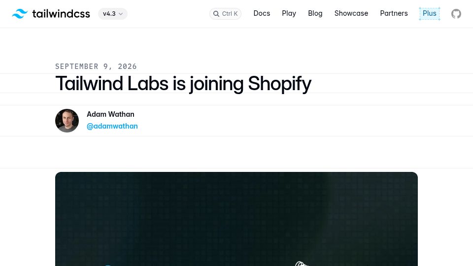 Screenshot of tailwindcss.com: Shopify acquires Tailwind