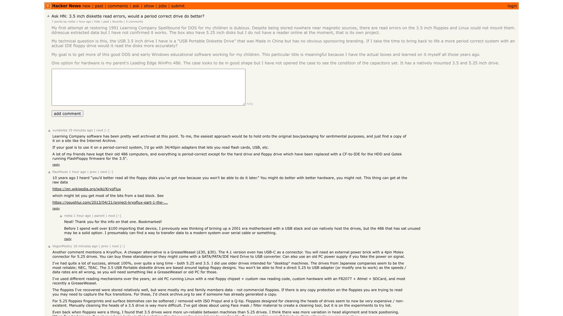 Screenshot of this Hacker News post: Ask HN: 3.5 inch diskette read errors, would a period correct drive do better?