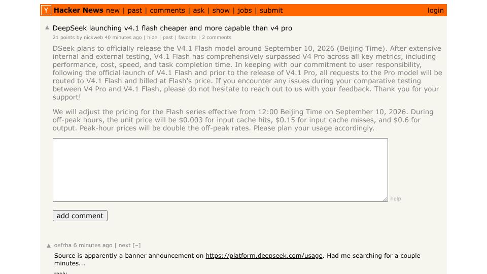 Screenshot of Hacker News post: DeepSeek launching v4.1 flash cheaper and more capable than v4 pro