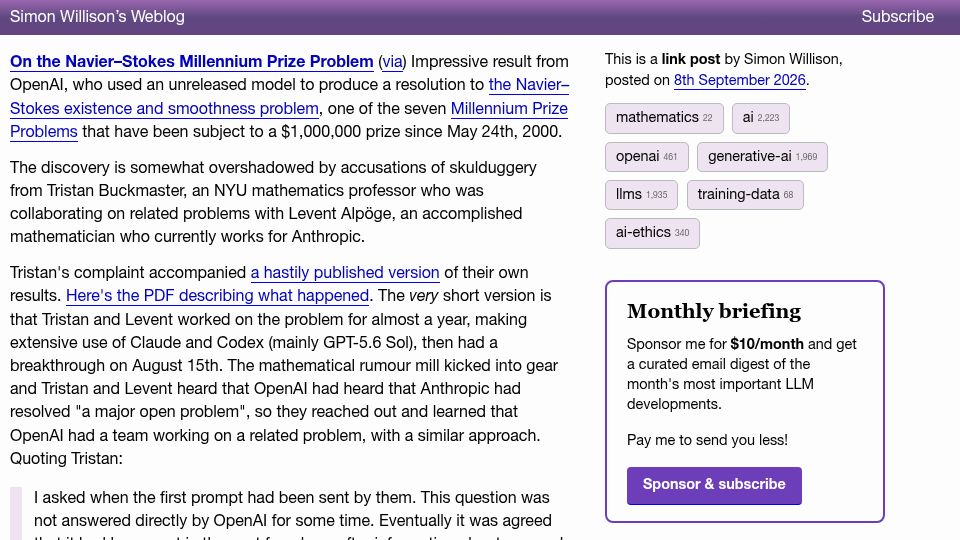 Screenshot of simonwillison.net: The Navier–Stokes Millennium Prize Problem
