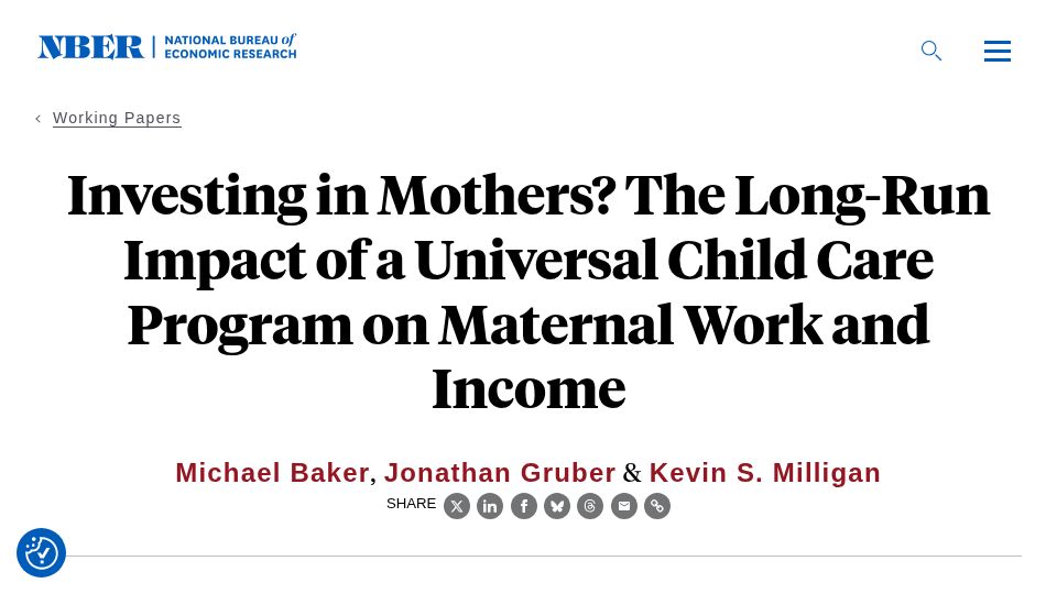 Screenshot of nber.org: Investing in Mothers? The Long-Run Impact of a Universal Child Care