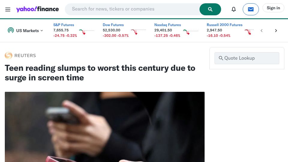 Screenshot of finance.yahoo.com: Teen reading slumps to worst this century due to surge in screen time