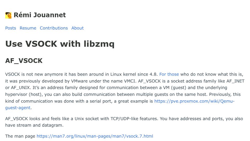 Screenshot of blog.remijouan.net: Use Vsock with Libzmq
