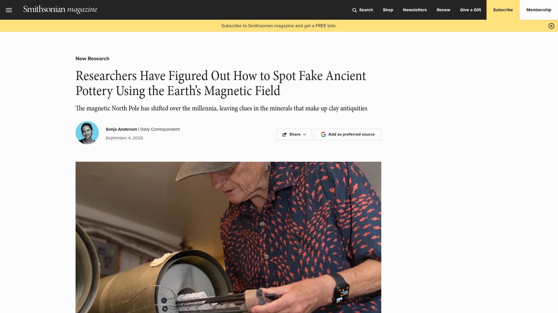 Screenshot of smithsonianmag.com: Researchers Spot Fake Ancient Pottery Using the Earth's Magnetic Field