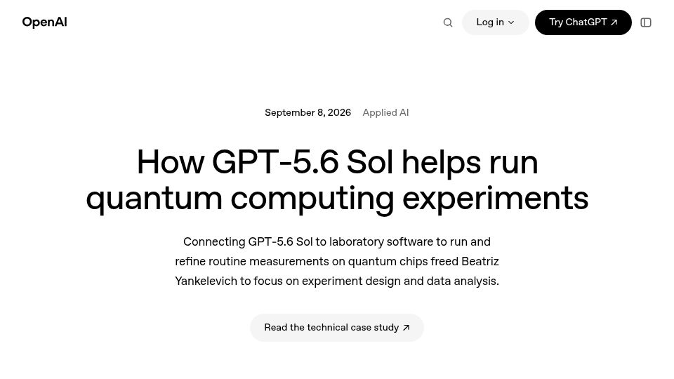 Screenshot of openai.com: How GPT‑5.6 Sol helps run quantum computing experiments