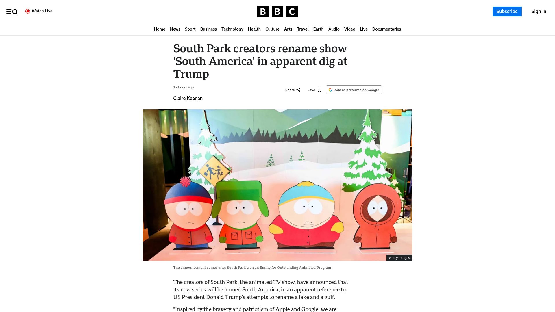 Screenshot of bbc.co.uk: South Park creators rename show 'South America'