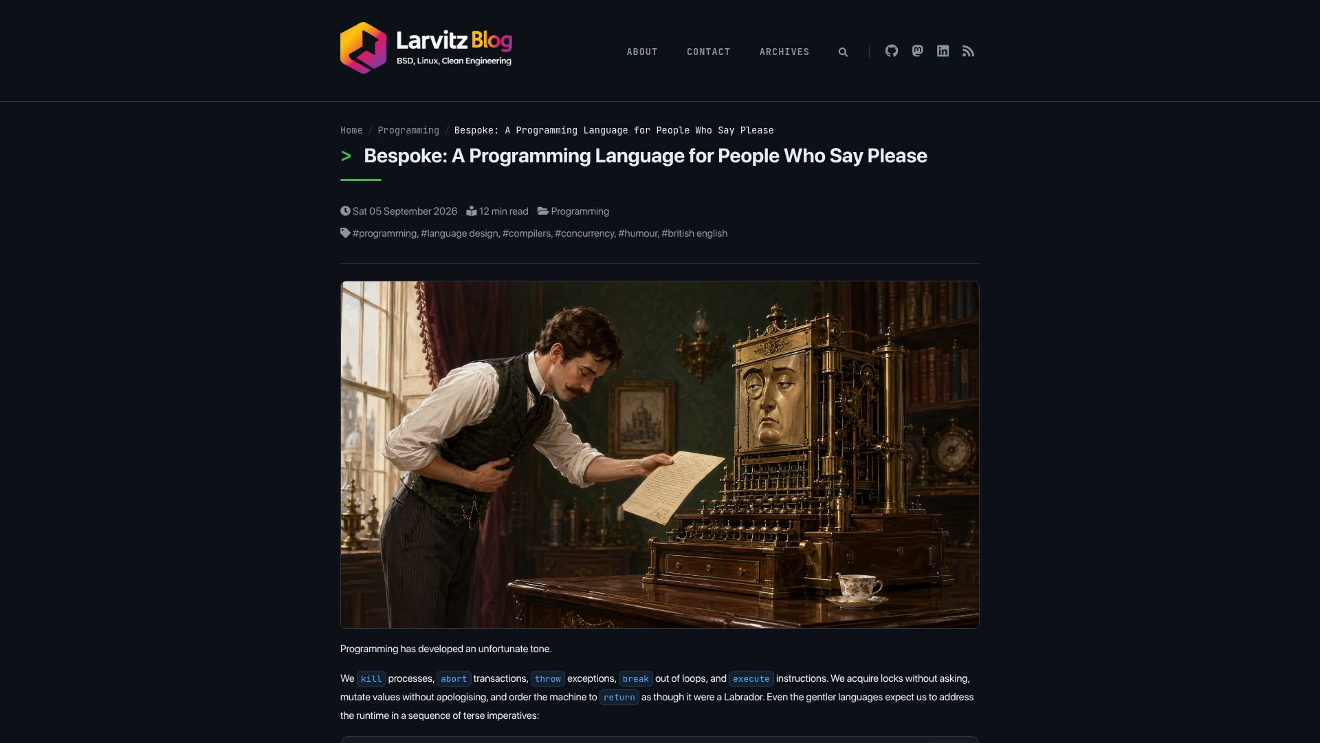 Screenshot of blog.hofstede.it: Bespoke: A programming language for people who say please