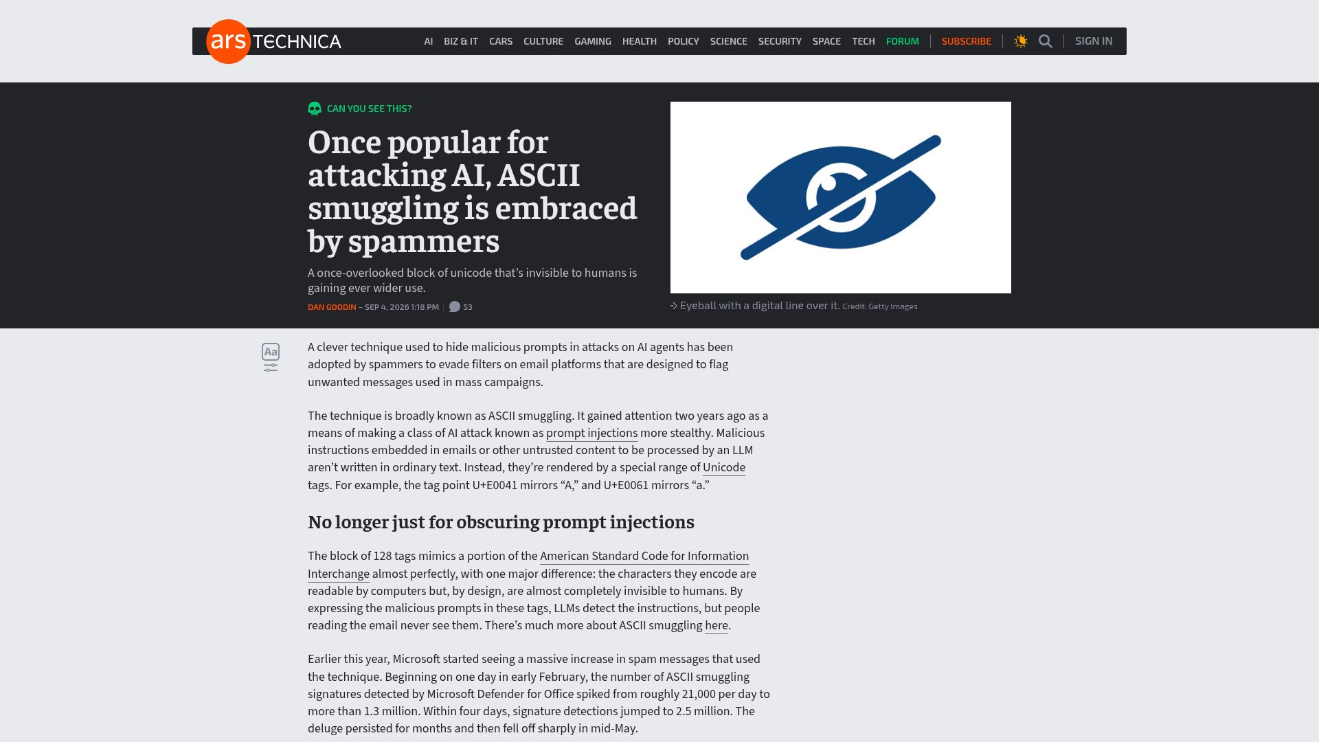 Screenshot of arstechnica.com: Microsoft says email spammers are adopting ASCII smuggling