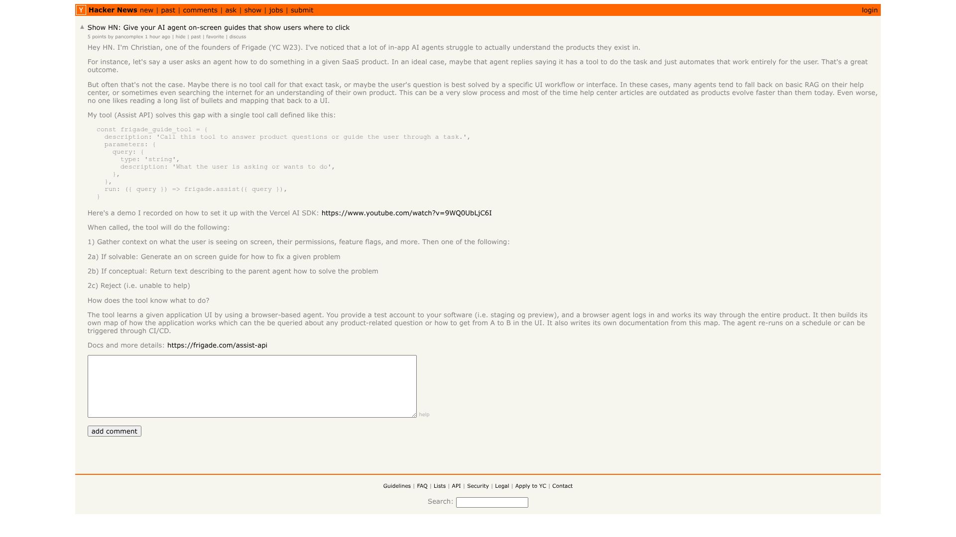 Screenshot of this Hacker News post: Show HN: Give your AI agent on-screen guides that show users where to click
