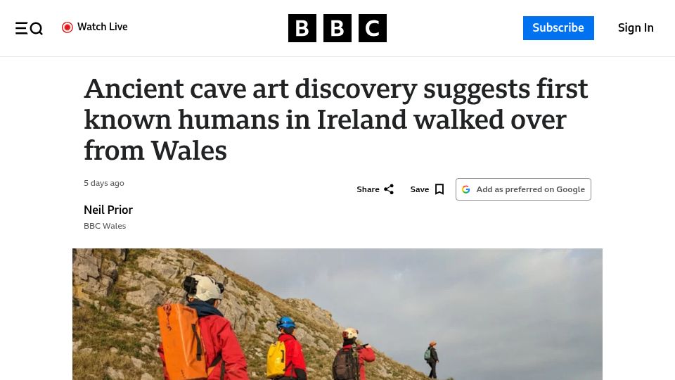 Screenshot of bbc.com: Ancient cave art suggests first known humans in Ireland walked over from Wales