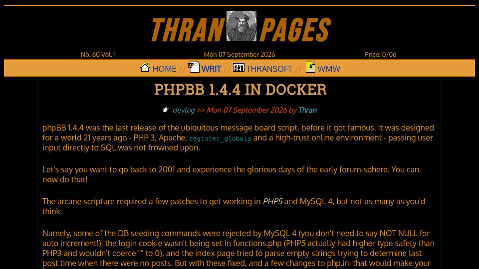 Screenshot of thran.uk: Getting phpBB 1.4.4 working in Docker