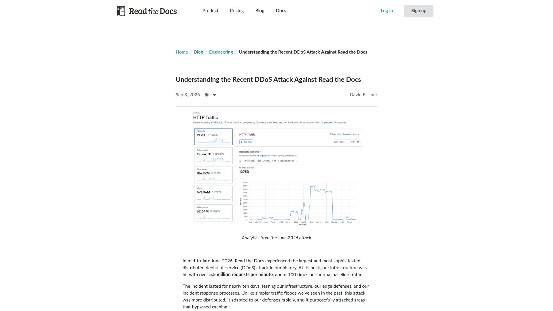 Screenshot of about.readthedocs.com: Understanding the recent DDoS attack against Read the Docs