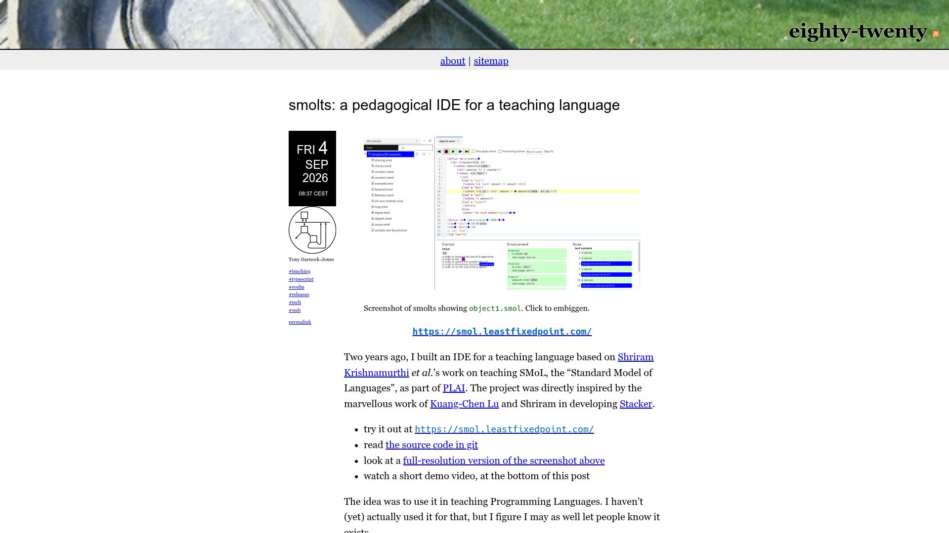 Screenshot of eighty-twenty.org: Smolts: A pedagogical IDE for a teaching language
