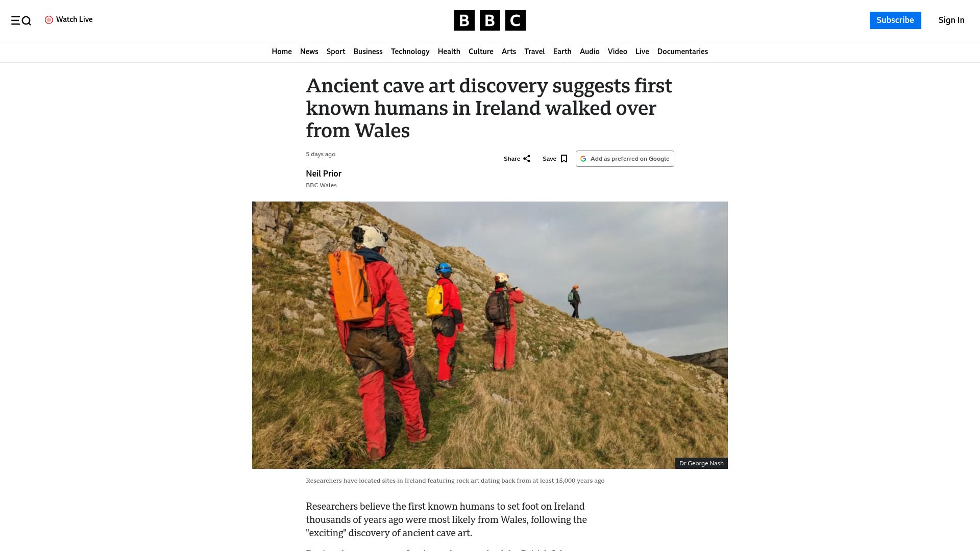 Screenshot of bbc.com: Ancient cave art suggests first known humans in Ireland walked over from Wales