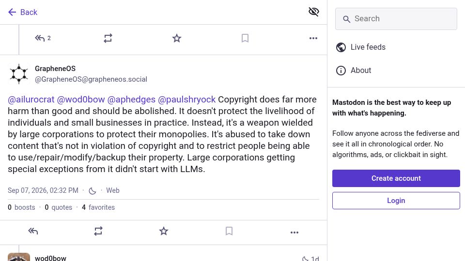 Screenshot of grapheneos.social: Copyright does more harm than good and should be abolished
