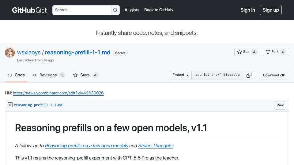 Screenshot of gist.github.com: Qwen 3.8 follows GPT-5.5 Pro reasoning prefills